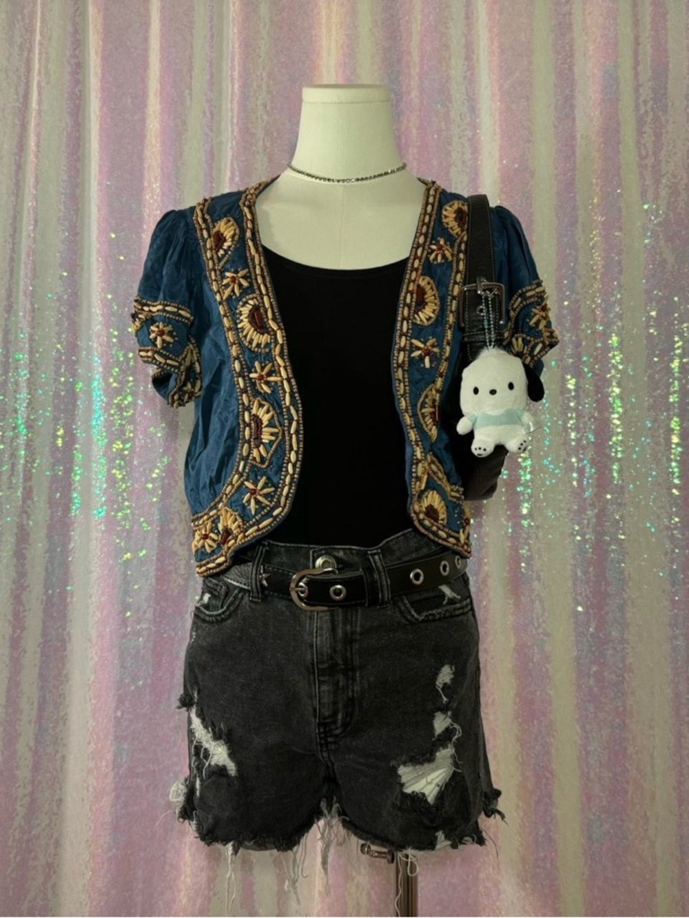 Ruth Blue & Wood Bead Short Sleeve Bolero Top (10) ★彡